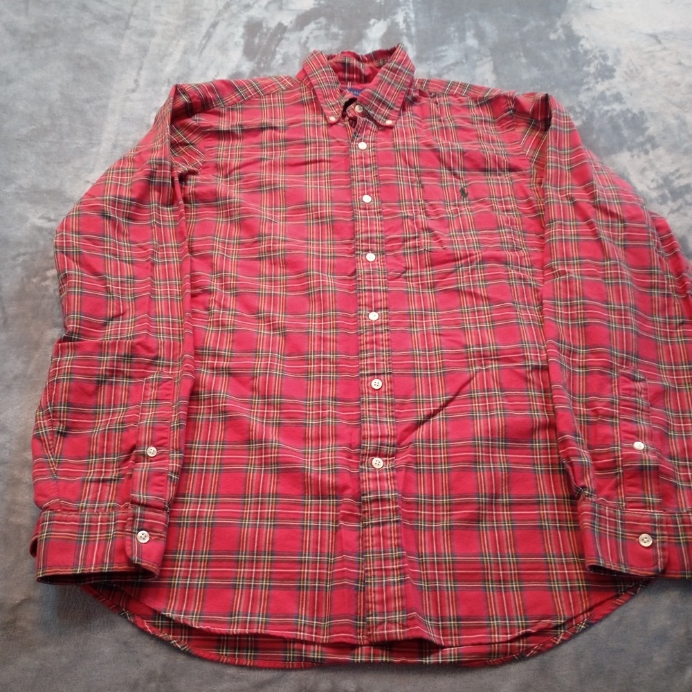 Ralph‎ Lauren Button Down Shirt Mens L Large Red Classic Fit Long Sleeve Plaid